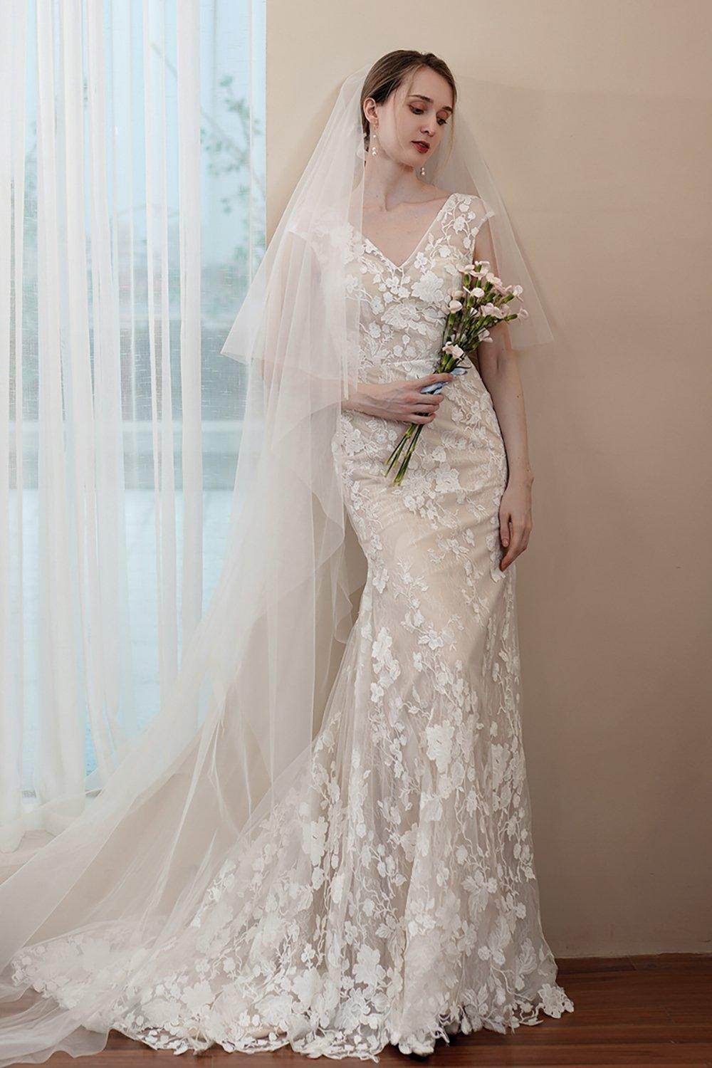 Trumpet-Mermaid Sweep-Brush Train Lace Wedding Dress CW2971 - COCOMELODY